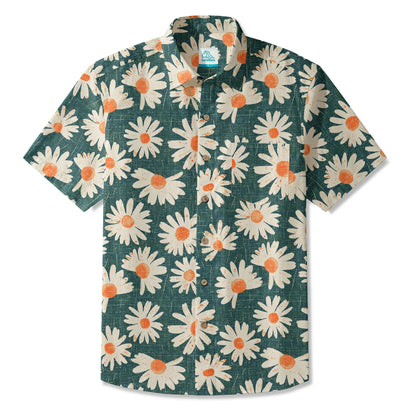 LeosWare® Men's Hawaiian Shirt Short Sleeve Button-up 100% Cotton Green Aloha Daisy Bottom