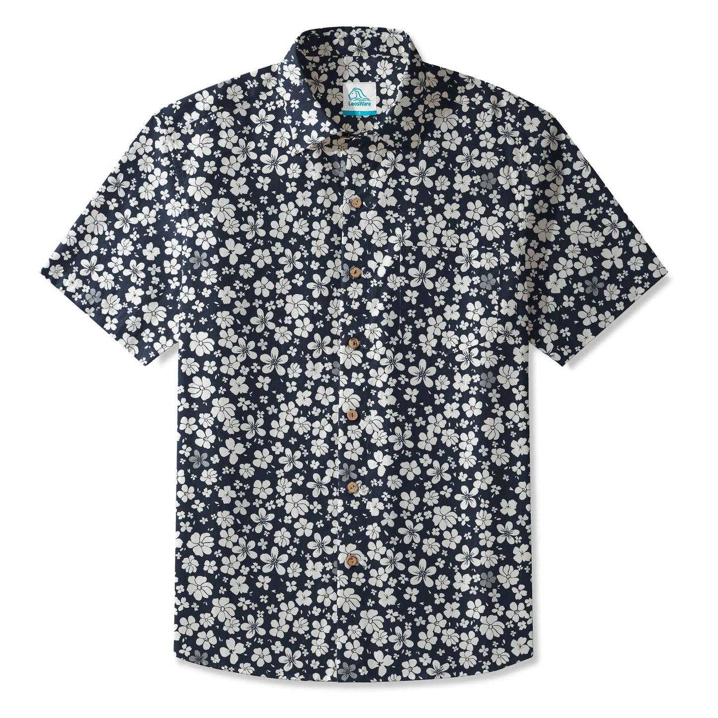 LeosWare® Men's Hawaiian Shirt Short Sleeve Button-up 100% Cotton Blue Aloha Floral Seascape