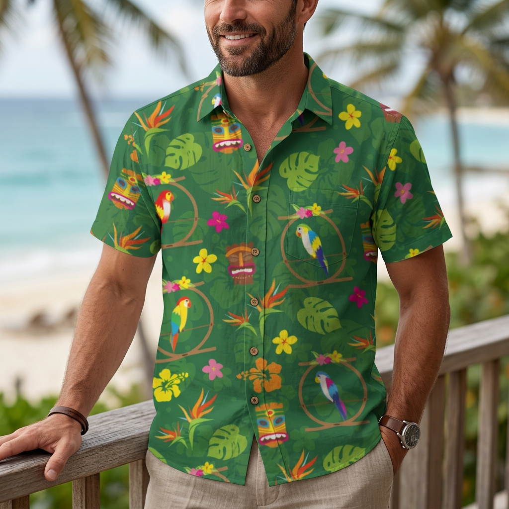 LeosWare® Men's Hawaiian Shirt Short Sleeve Button-up Breathable & Quick-Dry Aloha Jungle-inspired Tiki Art