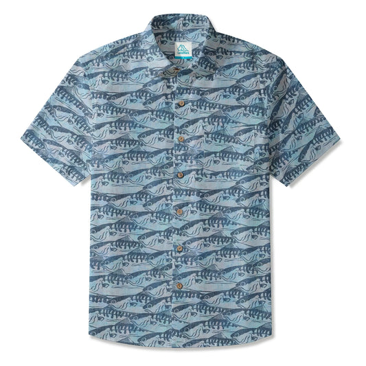 LeosWare® Men's Hawaiian Shirt Short Sleeve Button-up 100% Cotton Blue Aloha Ink Wave Fish Formation