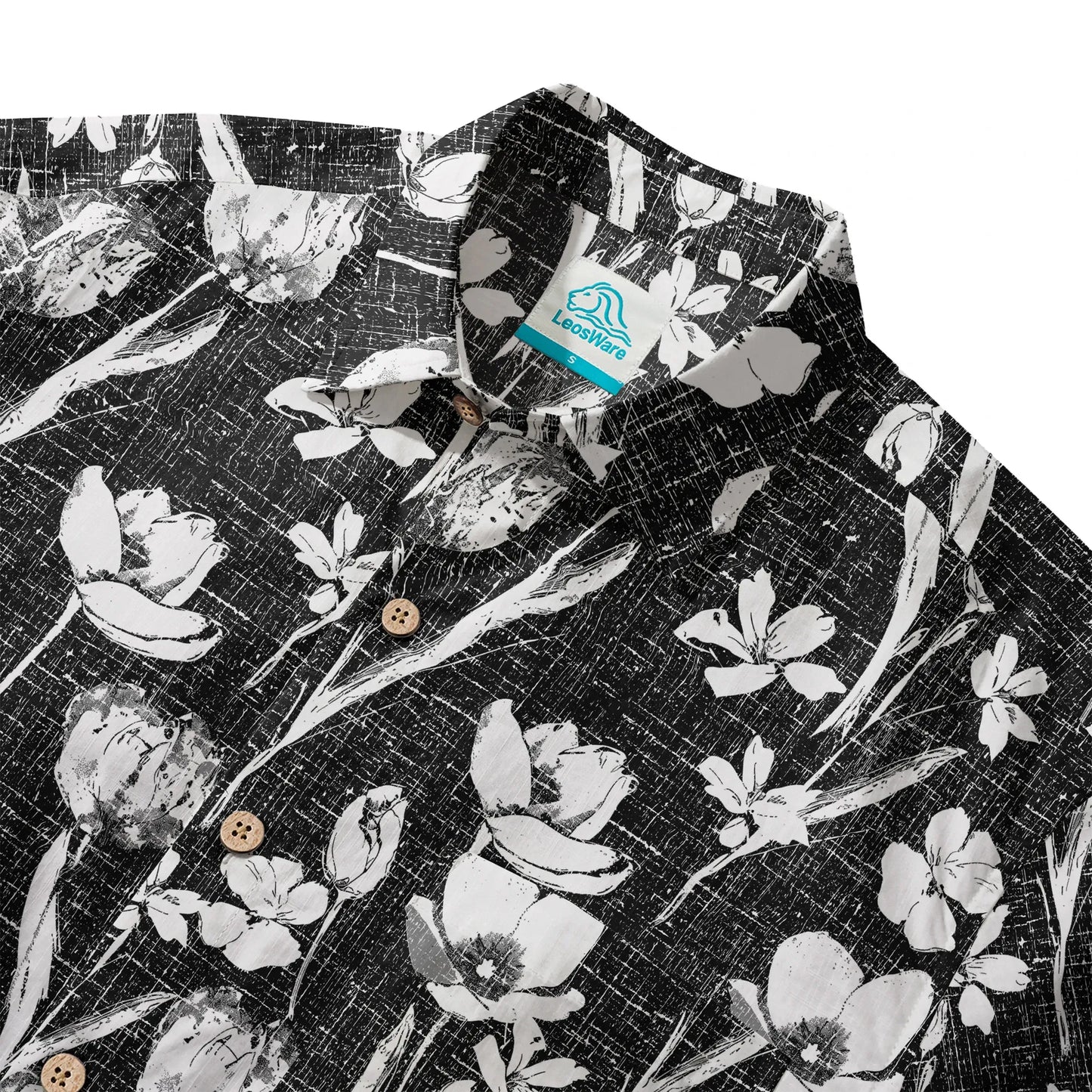 LeosWare® Flower Men's Hawaiian Shirt Short Sleeve Button-up 100% Cotton Black Aloha Ink Strokes And Flower Traces