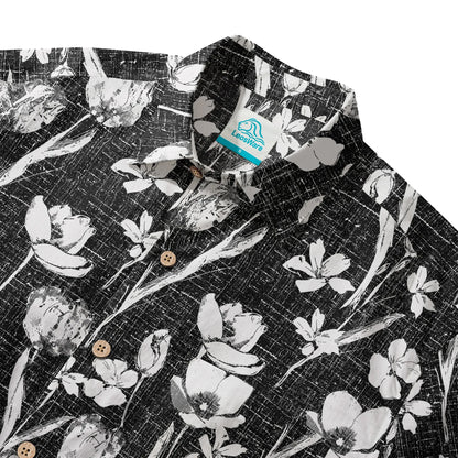 LeosWare® Flower Men's Hawaiian Shirt Short Sleeve Button-up 100% Cotton Black Aloha Ink Strokes And Flower Traces