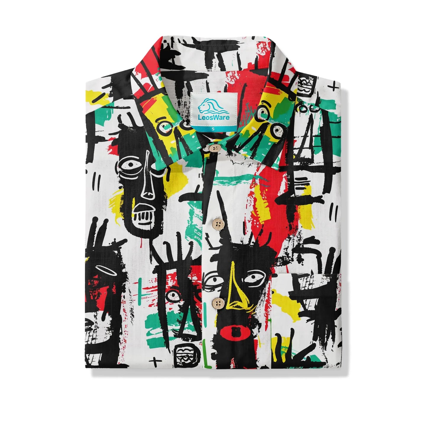 LeosWare® Men's Hawaiian Shirt Short Sleeve Button-up 100% Cotton White Aloha Quirky Face Doodles