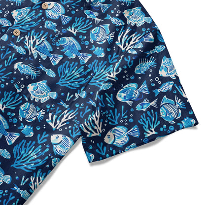 LeosWare® Men's Hawaiian Shirt Short Sleeve Button-up 100% Cotton Blue Coral Aloha Deep Blue Fish Whisper