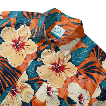 LeosWare® Men's Hawaiian Shirt Short Sleeve Button-up 100% Cotton Orange Aloha Blooming Orange Hibiscus