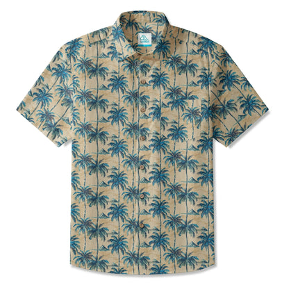 LeosWare® Men's Hawaiian Shirt Short Sleeve Button-up 100% Cotton Blue Aloha Blue Coconut Island Shadow