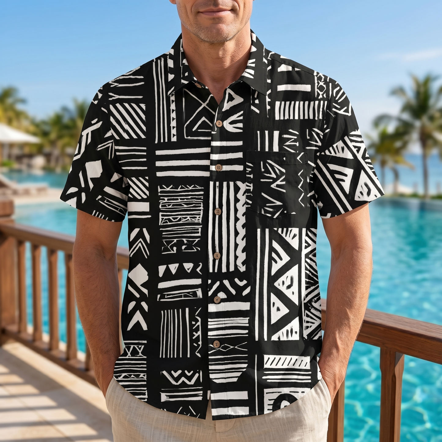 LeosWare® Men's Hawaiian Shirt Short Sleeve Button-up 95% Polyester, 5% Spandex Aloha Mono Tribe