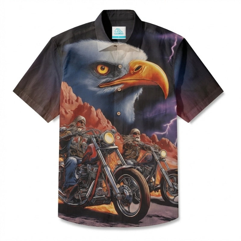 LeosWare® Men's Hawaiian Shirt Short Sleeve Button-up Breathable & Quick-Dry Aloha Thundering Motorcycle And Soaring Eagle