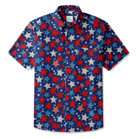 LeosWare® Men's Hawaiian Shirt Short Sleeve Button-up 100% Cotton Blue Aloha Stellar Summer Comics