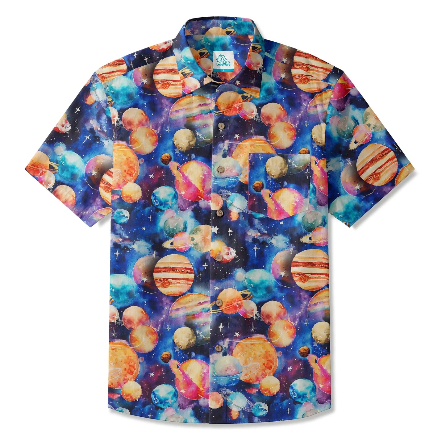 LeosWare® Men's Hawaiian Shirt Short Sleeve Button-up 100% Cotton Blue Aloha Watercolor Star Dream