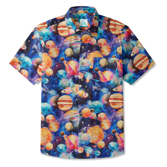 LeosWare® Men's Hawaiian Shirt Short Sleeve Button-up 100% Cotton Blue Aloha Watercolor Star Dream