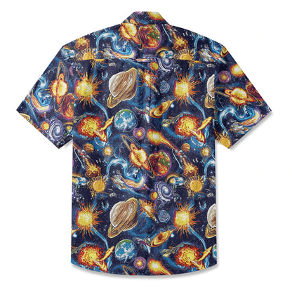 LeosWare® Men's Hawaiian Shirt Short Sleeve Button-up 100% Cotton Blue Aloha Journey Across The Stars