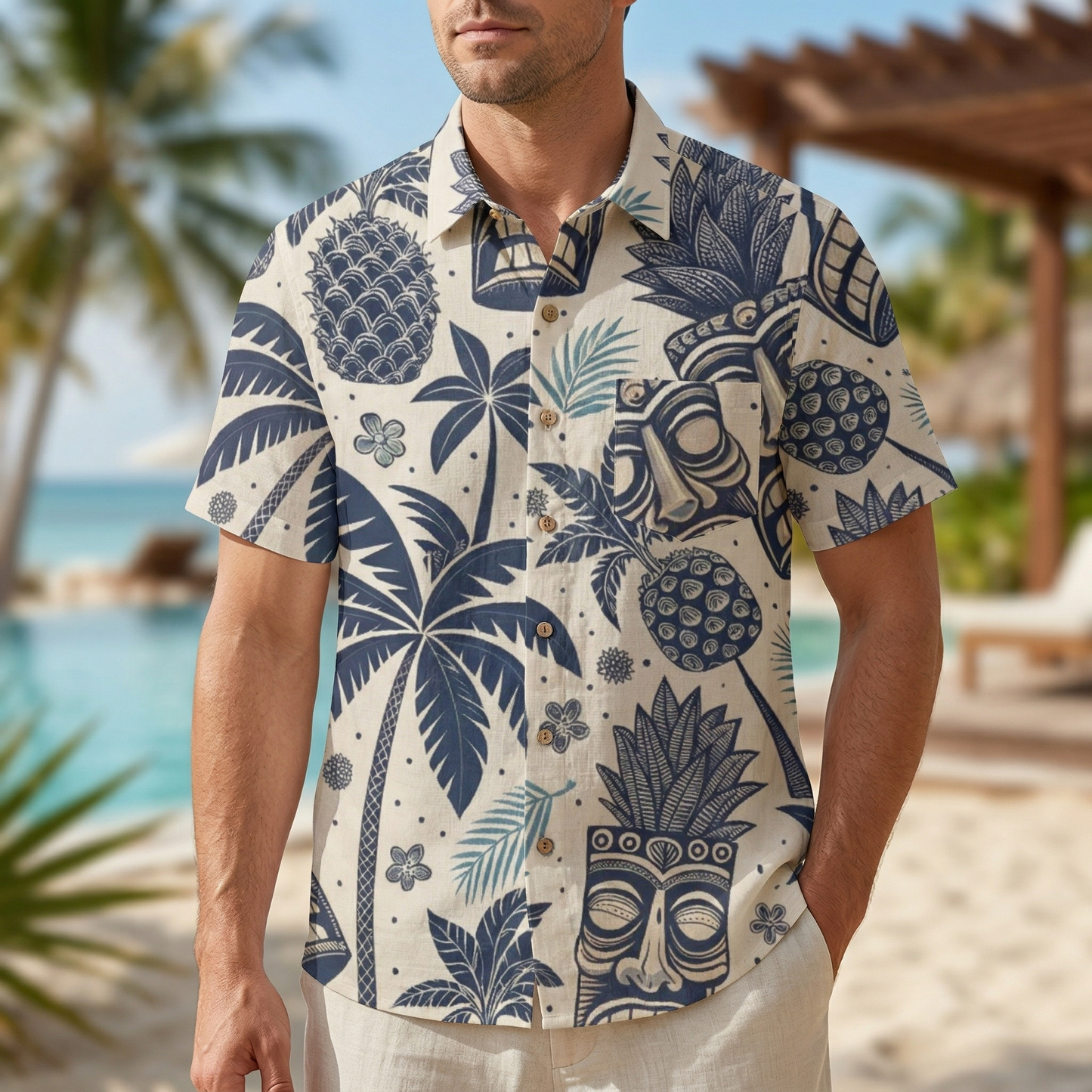 LeosWare® Men's Hawaiian Shirt Short Sleeve Button-up 95% Polyester, 5% Spandex Aloha Tropic Ink
