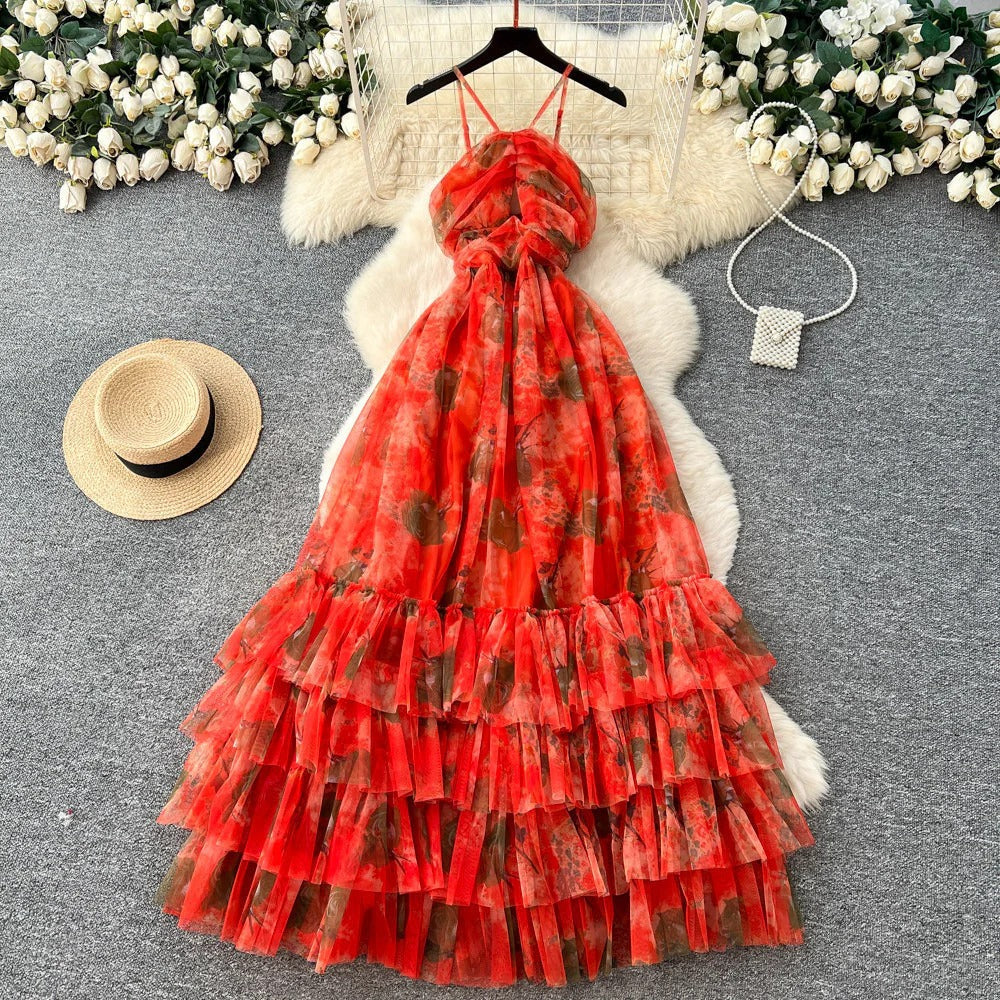 Vacation Halter Sleeveless Printed Dress – Tiered Mesh Cake Skirt, Flowy Summer Maxi