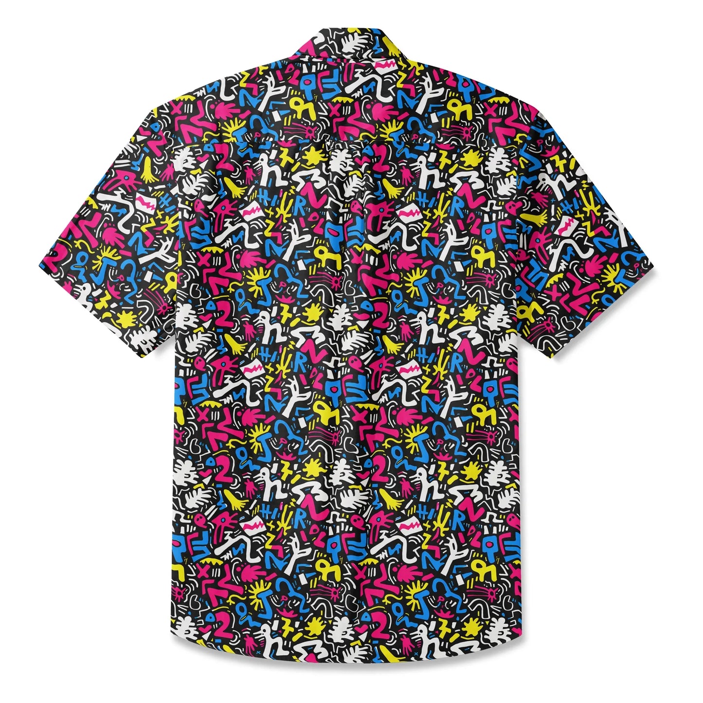 LeosWare® Men's Hawaiian Shirt Short Sleeve Button-up 100% Cotton Black Aloha Graffiti Fun