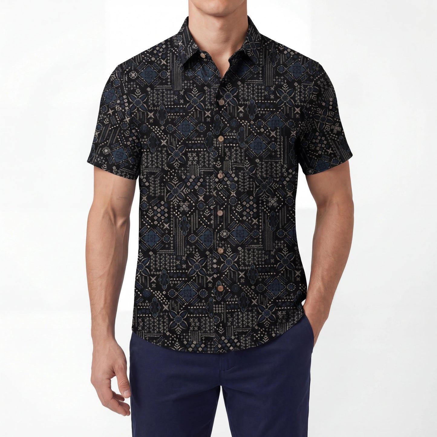 LeosWare® Men's Hawaiian Shirt Short Sleeve Button-up 100% Cotton Black Aloha Dark Geometric Art