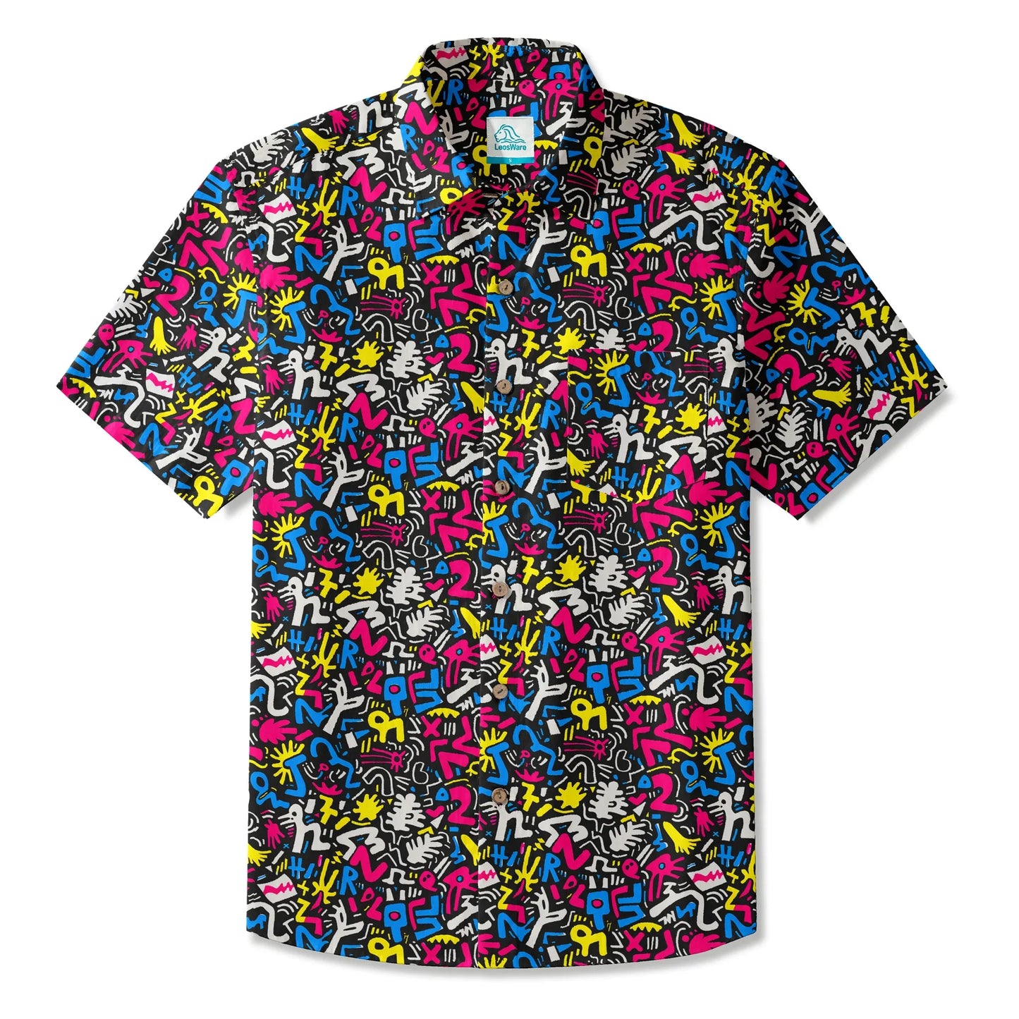 LeosWare® Men's Hawaiian Shirt Short Sleeve Button-up 100% Cotton Black Aloha Graffiti Fun