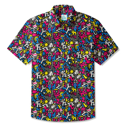 LeosWare® Men's Hawaiian Shirt Short Sleeve Button-up 100% Cotton Black Aloha Graffiti Fun
