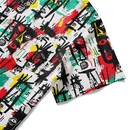 LeosWare® Men's Hawaiian Shirt Short Sleeve Button-up 100% Cotton White Aloha Quirky Face Doodles