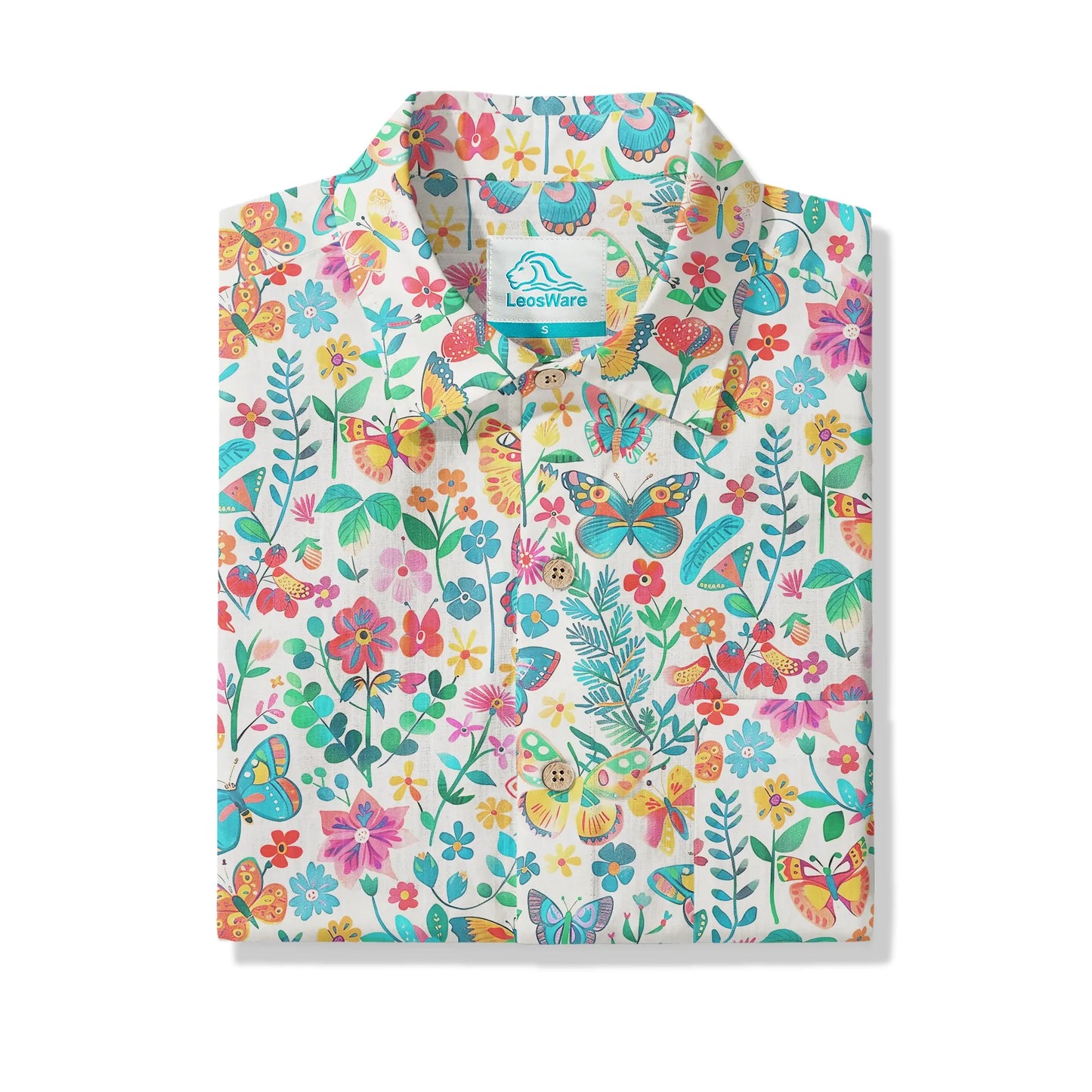 LeosWare® Men's Hawaiian Shirt Short Sleeve Button-up 100% Cotton Blue Aloha Dance Of The Butterfly Blossom Collection