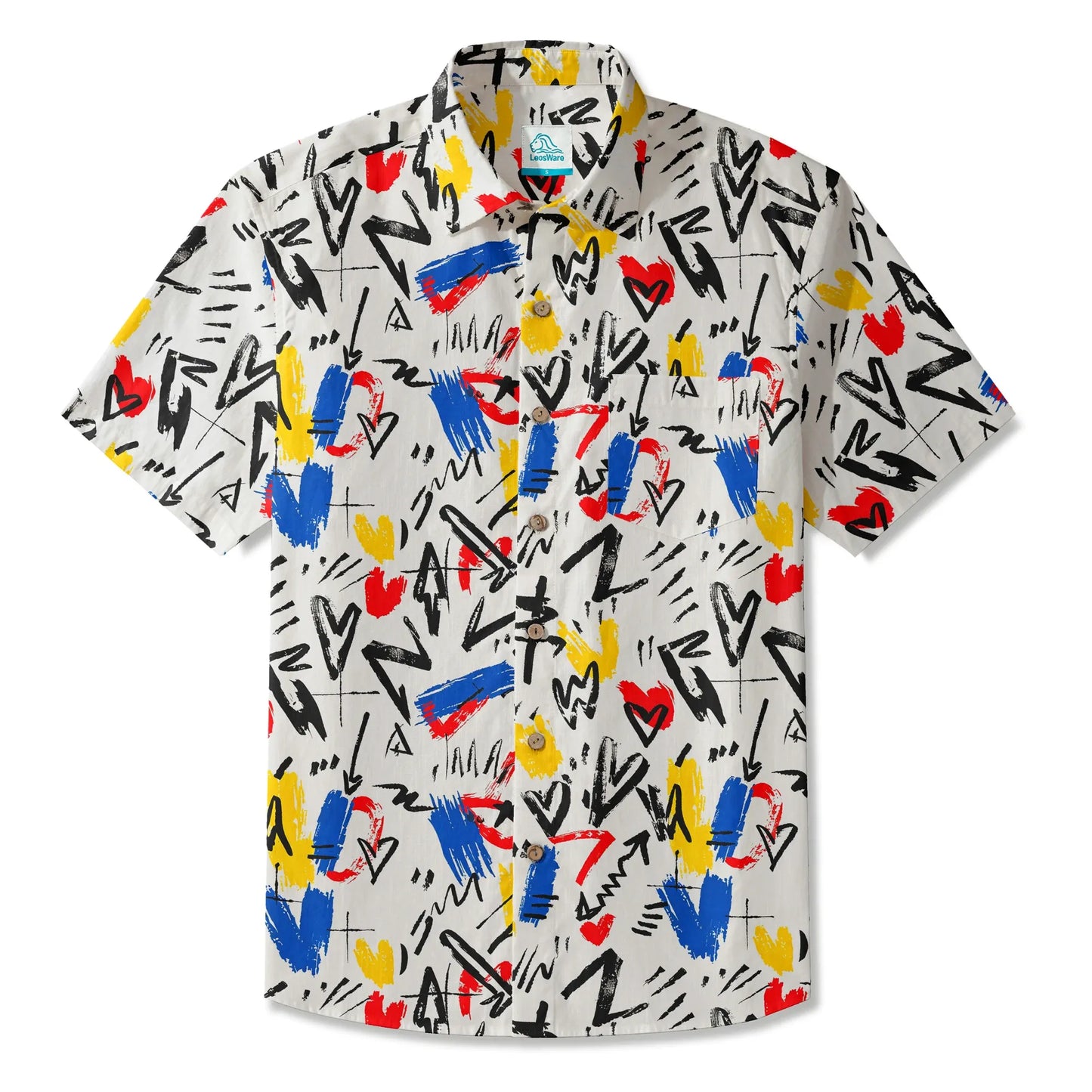 LeosWare® Men's Hawaiian Shirt Short Sleeve Button-up 100% Cotton White Aloha Brushing Waves Of Emotion