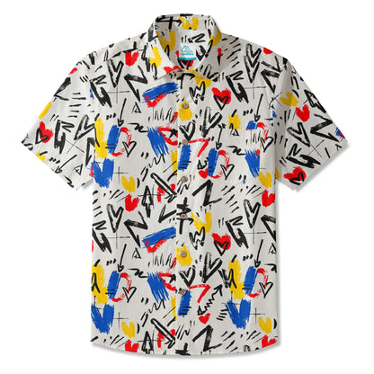 LeosWare® Men's Hawaiian Shirt Short Sleeve Button-up 100% Cotton White Aloha Brushing Waves Of Emotion