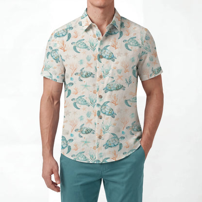 LeosWare® Men's Hawaiian Shirt Short Sleeve Button-up 100% Cotton Blue Aloha Coral Wonderland Of The Sea Turtle