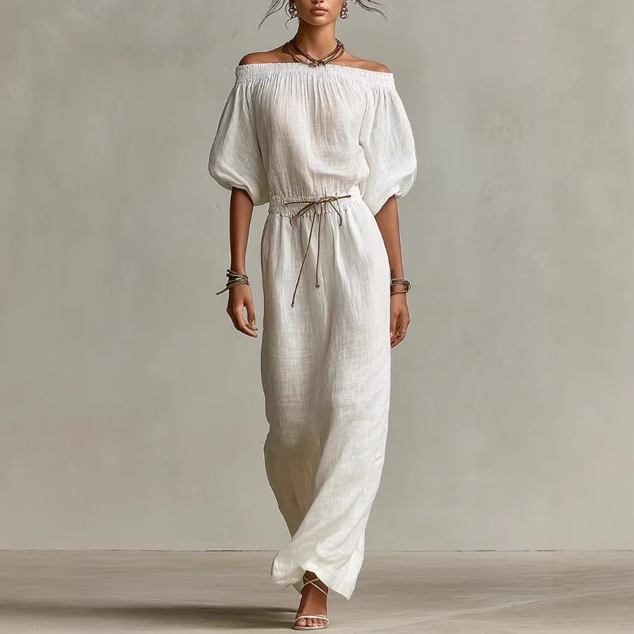 Women's Linen Pants Suit – Solid Color Lantern Sleeve Set