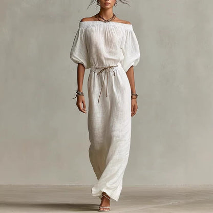 Women's Linen Pants Suit – Solid Color Lantern Sleeve Set