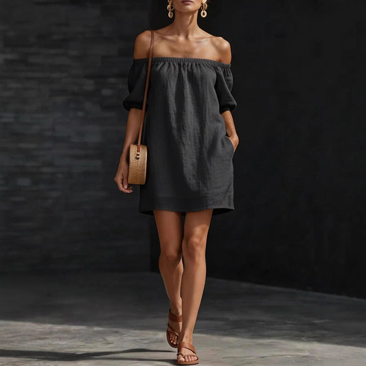 Women's Cotton-Linen Off-Shoulder Puff-Sleeve Loose Mini Dress