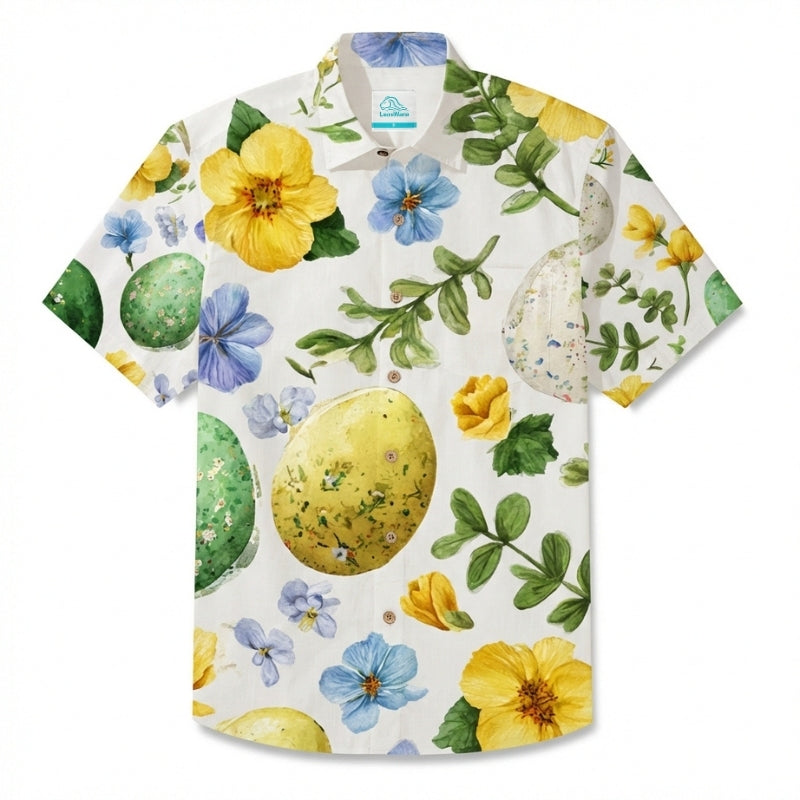 LeosWare® Men's Hawaiian Shirt Short Sleeve Button-up Breathable & Quick-Dry Aloha Eggscellent Garden Art
