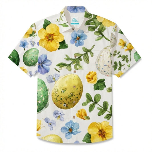 LeosWare® Men's Hawaiian Shirt Short Sleeve Button-up Breathable & Quick-Dry Aloha Eggscellent Garden Art