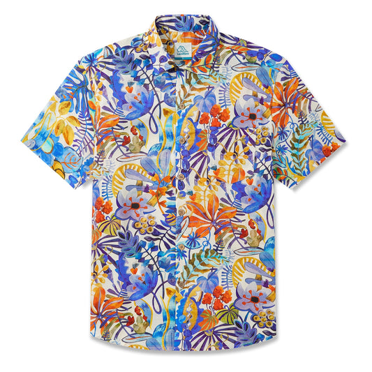 LeosWare® Men's Hawaiian Shirt Short Sleeve Button-up 100% Cotton Blue Aloha Tropical Floral Painting