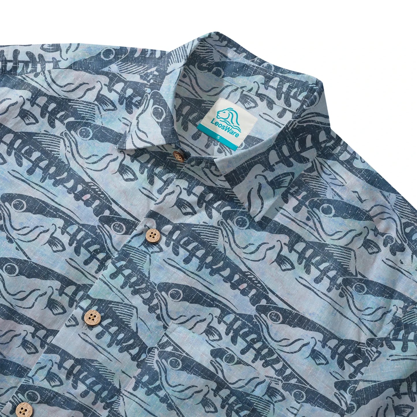 LeosWare® Men's Hawaiian Shirt Short Sleeve Button-up 100% Cotton Blue Aloha Ink Wave Fish Formation