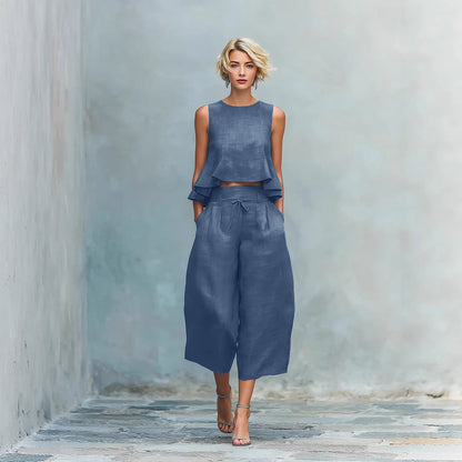 Women’s Linen-Blend Sleeveless Two Piece Set with Ruffled Detailing