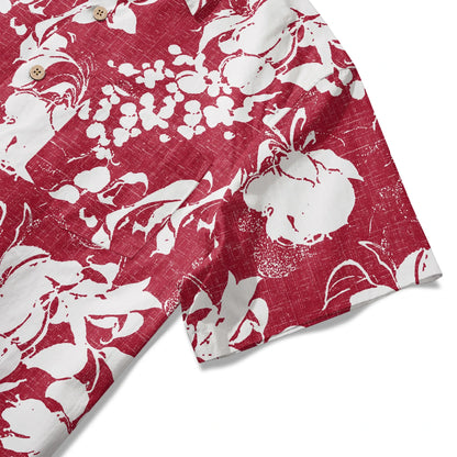 LeosWare® Flower Men's Hawaiian Shirt Short Sleeve Button-up 100% Cotton Red Aloha Crimson Blossom Harmony