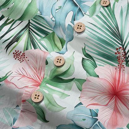 LeosWare® Men's Hawaiian Shirt Short Sleeve Button-up 100% Cotton Green Aloha Powdered Hibiscus Grove