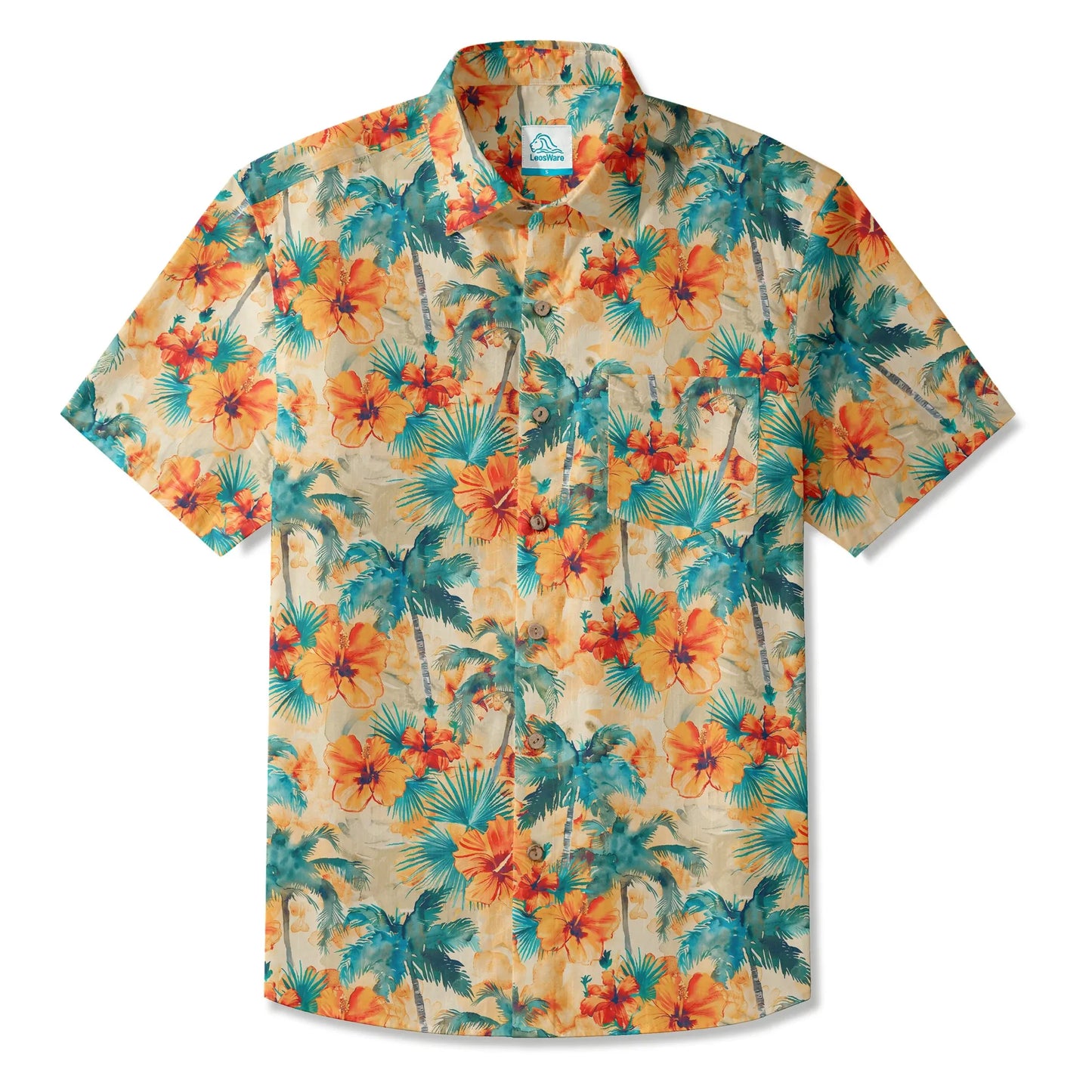 LeosWare® Men's Hawaiian Shirt Short Sleeve Button-up 100% Cotton Orange Aloha Sunset Orange Coconut Breeze