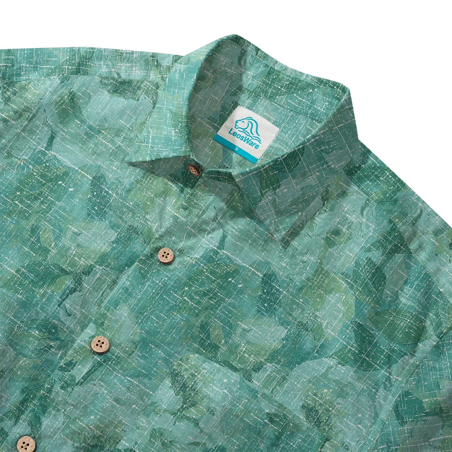 LeosWare® Men's Hawaiian Shirt Short Sleeve Button-up 100% Cotton Aloha Blue Mist Flower Silhouette