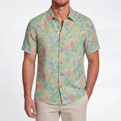 LeosWare® Men's Hawaiian Shirt Short Sleeve Button-up 100% Cotton Green Aloha Alfalfa Flower Earthly Weave