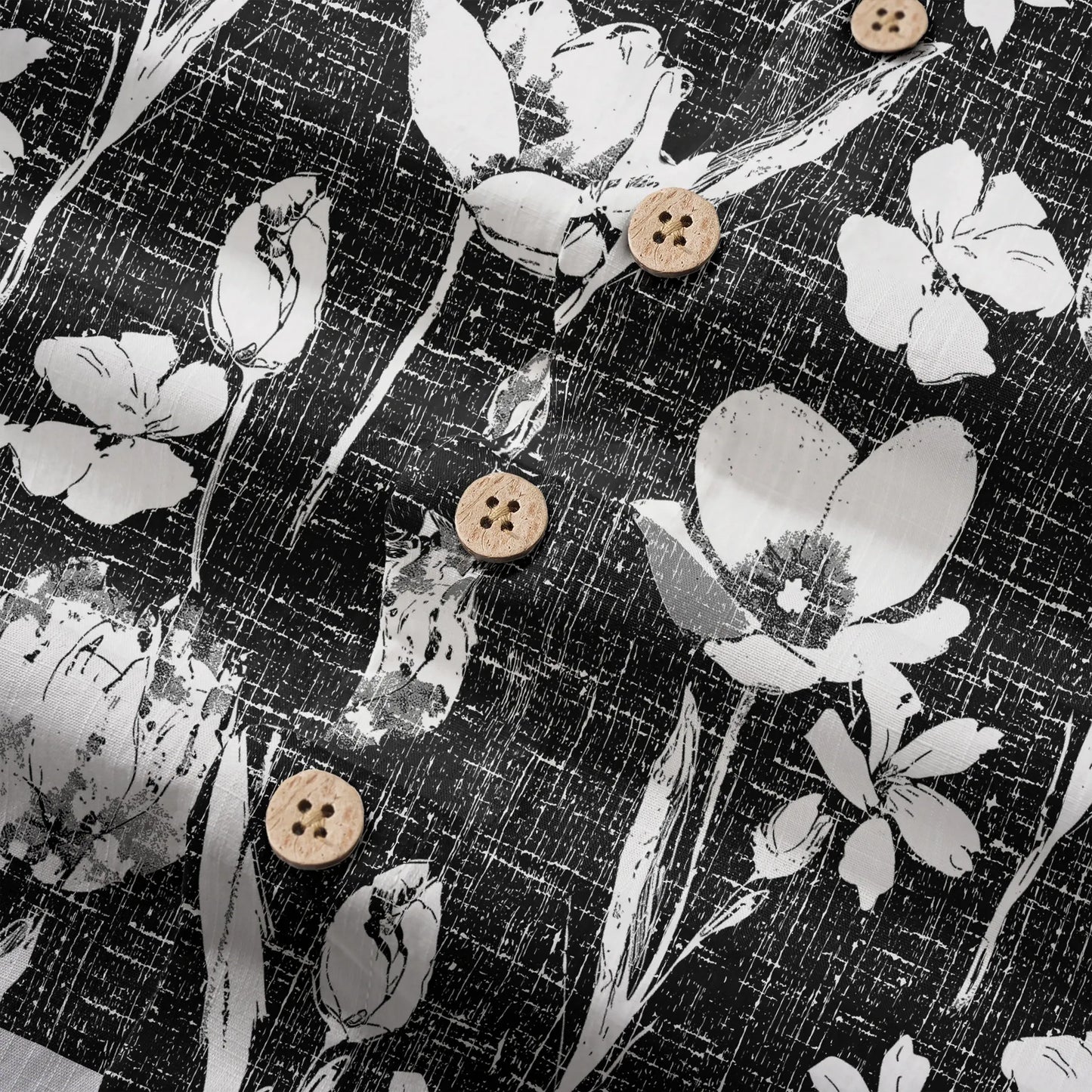 LeosWare® Flower Men's Hawaiian Shirt Short Sleeve Button-up 100% Cotton Black Aloha Ink Strokes And Flower Traces