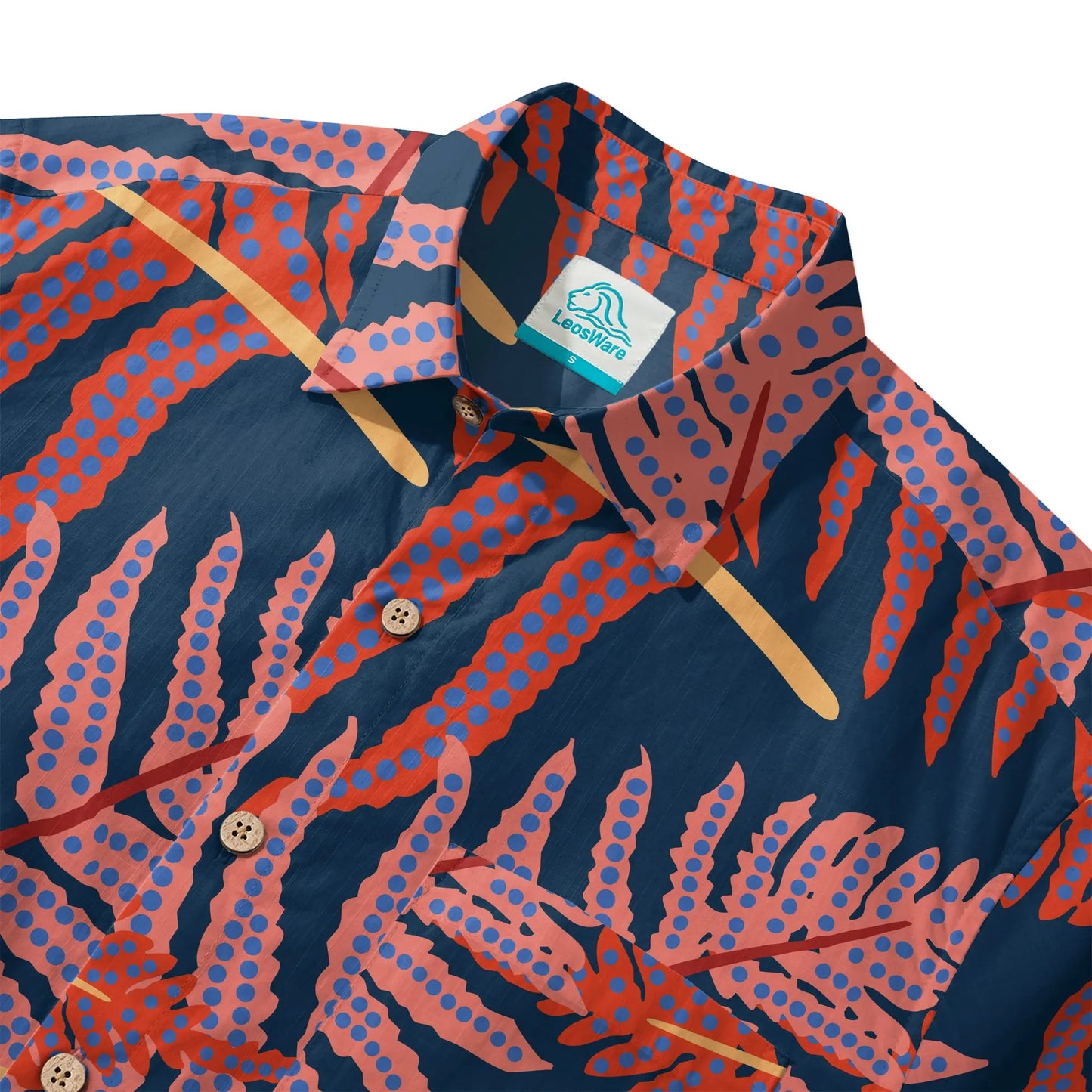 LeosWare® Plant Men's Hawaiian Shirt Short Sleeve Button-up 100% Cotton Blue Aloha Red Fern Night Shadows