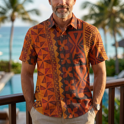 LeosWare® Men's Hawaiian Shirt Short Sleeve Button-up Breathable & Quick-Dry Aloha Tropical Sunset Tiki