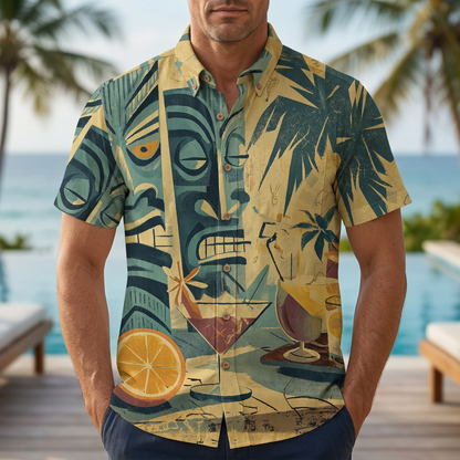 LeosWare® Men's Hawaiian Shirt Short Sleeve Button-up Breathable & Quick-Dry Aloha Tiki Nights