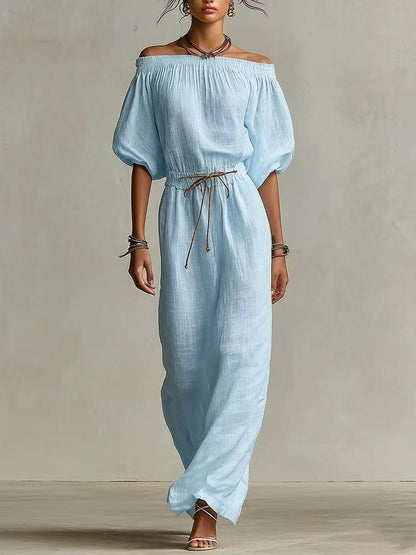 Women's Linen Pants Suit – Solid Color Lantern Sleeve Set
