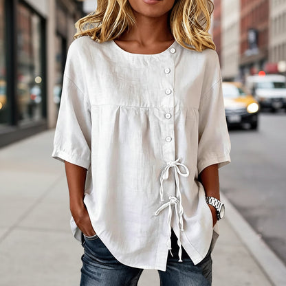 Women's Linen Lace-Up Button Shirt – 3/4 Sleeve Asymmetric