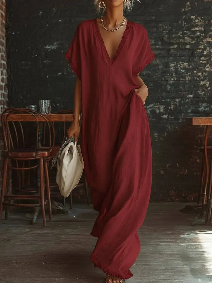 Lace-Trimmed Loose Linen Cotton Long Dress for Women