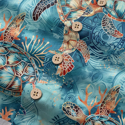 LeosWare® Men's Hawaiian Shirt Short Sleeve Button-up 100% Cotton Blue Aloha Golden Turtle Sea