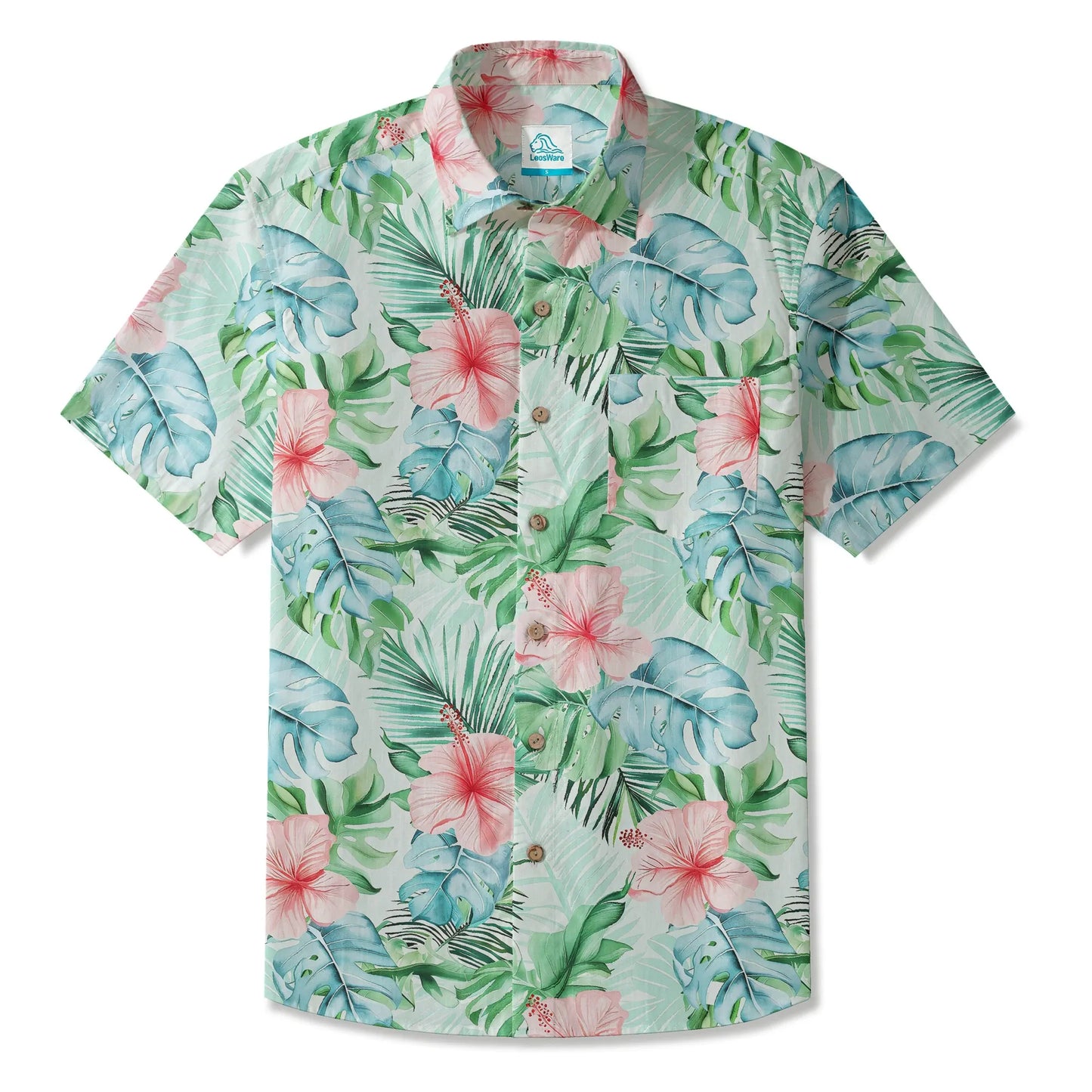 LeosWare® Men's Hawaiian Shirt Short Sleeve Button-up 100% Cotton Green Aloha Powdered Hibiscus Grove
