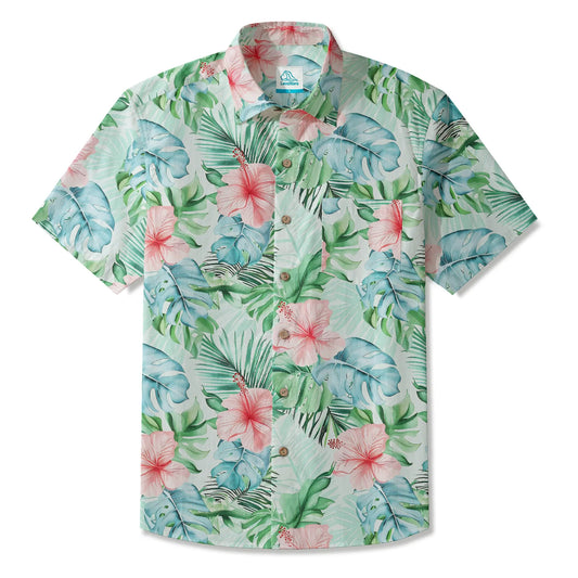 LeosWare® Men's Hawaiian Shirt Short Sleeve Button-up 100% Cotton Green Aloha Powdered Hibiscus Grove